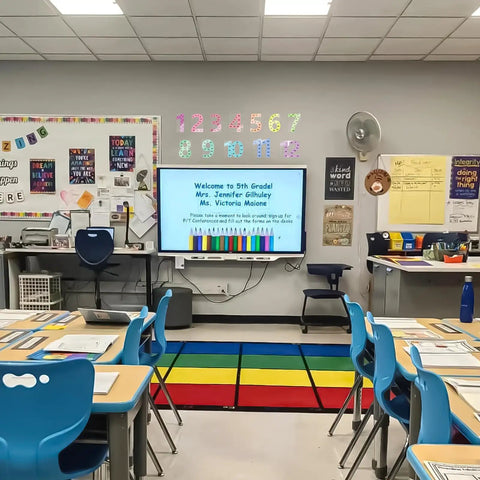 Classroom with Large 12 Piece Math Poster Set From 1 To 12 Numbers And Multiplication Chart on wall near bulletin board.