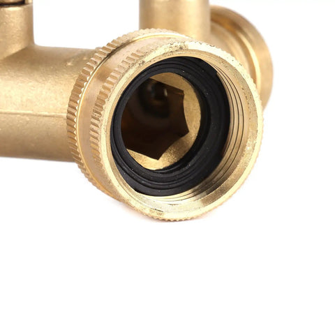Solid Brass Y Shape Garden Hose Splitter With Leakproof Shut Off Valve For Effortless 2 Way Water Control And Easy Repair Kit Installation On Any Standard Hose close-up threaded brass inlet