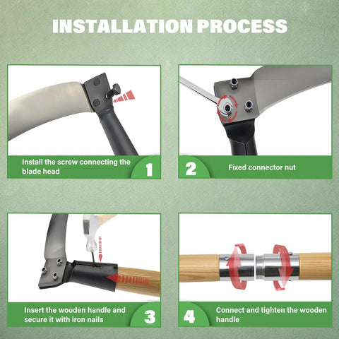 Installation process for the Solid Wood Long Handle Weeding Sickle With A 32 Centimeter Extended Blade Three Section Adjustable Length Heavy Duty Gardening Tool For Yard And Garden Field And Ditch Effortless Weed And Brush Clearing.