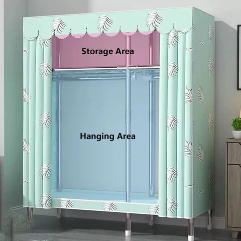Large Portable Canvas Wardrobe For Bedroom And Living Room With Hanging Rail And Stacking Shelves Fabric Closet Storage Organizer showing storage and hanging areas.