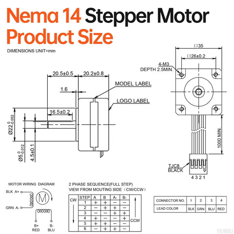 NEMA 14 stepper motor product size diagram showing front and side views, shaft details, and 4-wire wiring.