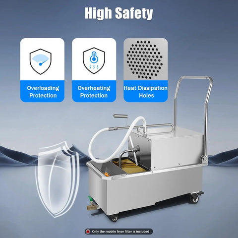 Get Rid Of Grime Now With This Heavy Duty 55L Commercial Stainless Steel Oil Filter Cart For Restaurants featuring safety features.