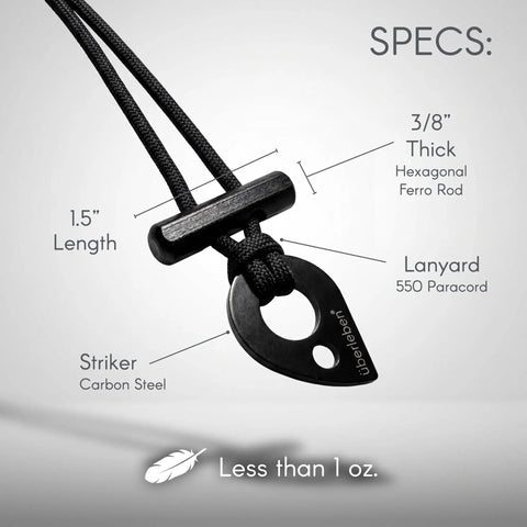 Close-up of Fire Starter Necklace With Hex Ferro Rod Striker And Paracord Lanyard Up To Twelve Thousand Strikes waterproof kit