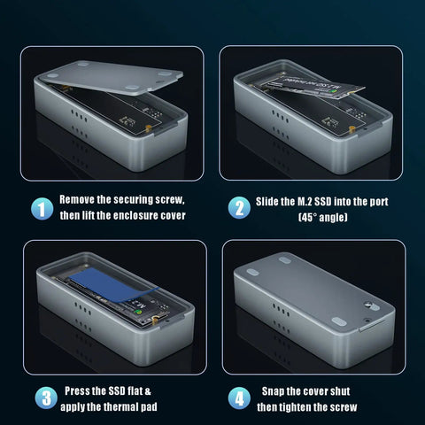 Hella Fast Eighty Gbps M Two Nvme Ssd Enclosure Compatible With Thunderbolt Three And Usb Four showing M.2 SSD installation steps.