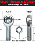 Right Hand Thread 1/2 Inch Heim Joint Rod End Kit For 1 Inch OD Chromoly With Jam Nut Bung And Spacers For Suspension And Steering UTV Rock Crawler Hot Rod Johnny Joint, 1/2-20 thread, 1/2 bore