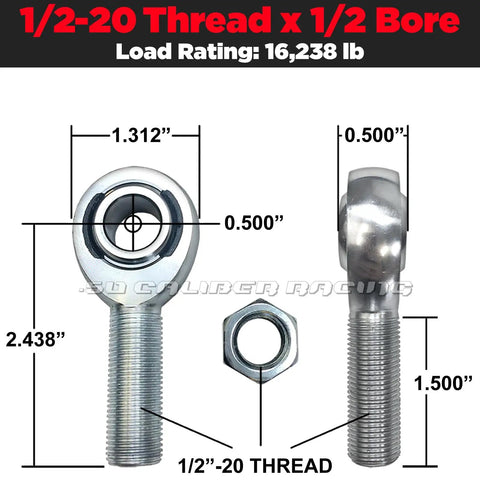Right Hand Thread 1/2 Inch Heim Joint Rod End Kit For 1 Inch OD Chromoly With Jam Nut Bung And Spacers For Suspension And Steering UTV Rock Crawler Hot Rod Johnny Joint, 1/2-20 thread, 1/2 bore