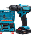 21V Lithium Ion Cordless Drill And Impact Driver Set With Variable Speed Trigger, blue drill and toolkit with bits.