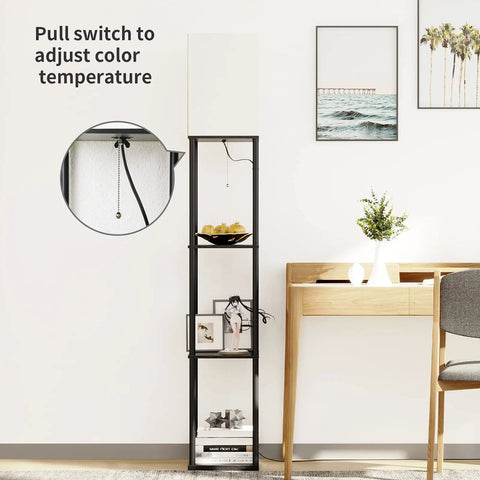 Space Saving Floor Lamp With Shelves, Modern Corner Shelf Lamp With 3 Color Temperature LED, 9W 800-Lumen Bulb, Black Standing Lamp