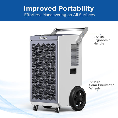 260 Pints Commercial Dehumidifier With Pump And Drain Hose For Basements And Large Spaces Like Warehouses, Heavy Duty Industrial Dehumidifier With Auto Defrost, featuring stylish ergonomic handle and 10-inch semi-pneumatic wheels for portability.