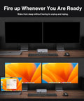 Heavy Duty 20 In 1 Thunderbolt 4 MacBook Docking Station with dual monitors and laptop on wooden desk setup.