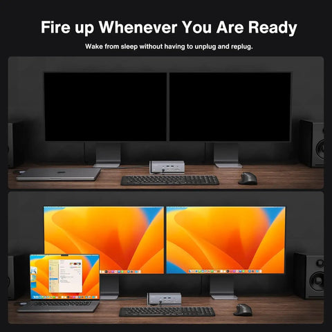 Heavy Duty 20 In 1 Thunderbolt 4 MacBook Docking Station with dual monitors and laptop on wooden desk setup.