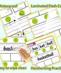 Phonemic Awareness Dry Erase Flash Cards Set For Phonics Practice With Elkonin Boxes showing writable surface and cleaning