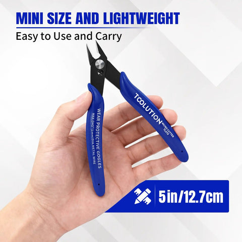 Hand holding Micro Flush Cutters 5 Pack Small Wire Cutters Snips Pliers Nippers Side Cutter Diagonal Cutting For Zip Ties Craft Electronics Built Tough With 16 AWG Capacity Sprue Cutters For Plastic Models