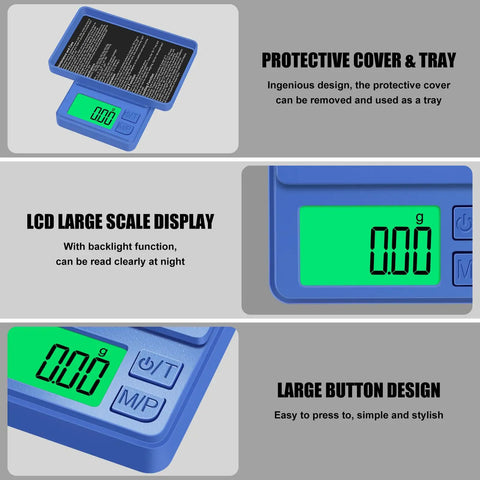 Pocket Gram Scale 1000g To Point One Gram High Precision Digital Scale With LCD Display showing protective cover, buttons