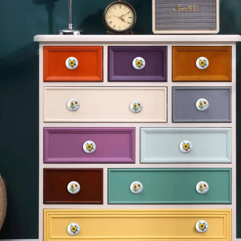 Kick Up Your Rustic Style With Eight Darn Cute Ceramic Kitchen Cabinet Drawer Knobs Featuring Pretty Sunflower And Butterfly Art For Dressers And Cupboards Designed For Smooth Grip Easy Install And Farmhouse Vibes on colorful dresser
