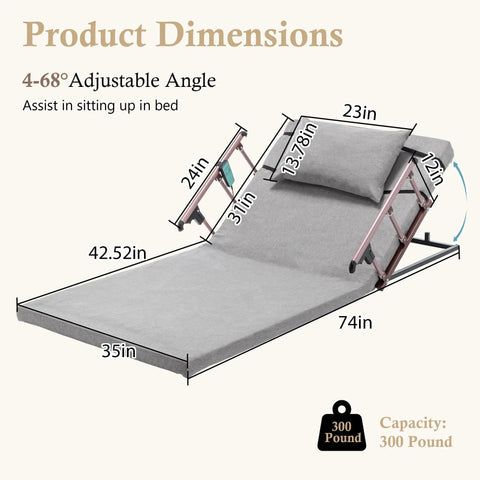 Adjustable Bed Backrest With Electric Lift 4 To 68 Degrees Remote Control Reclining Back Support With Foldable Safety Rails