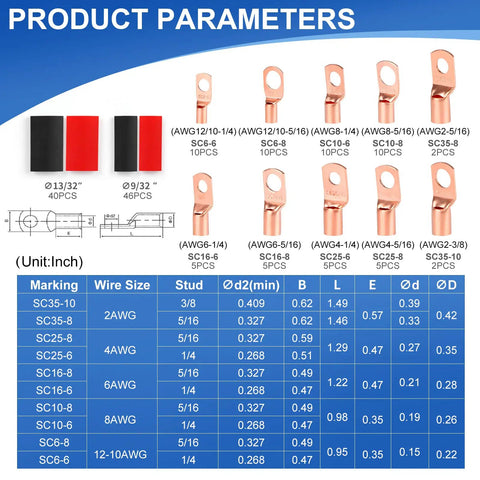 150Pcs Copper Wire Lugs Battery Cable Ends Kit With Heat Shrink Set displayed in product parameters image
