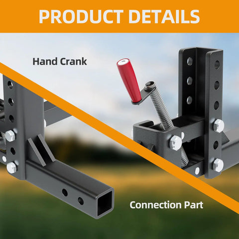 ATV UTV Manual Implement Lift With 1-Point Lift System And 2-Inch Hitch Receivers, featuring hand crank and connection part