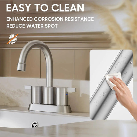 Brushed Nickel 4 Inch Centerset Bathroom Faucet With Two Handles Lead Free And Durable, easy to clean with corrosion resistance