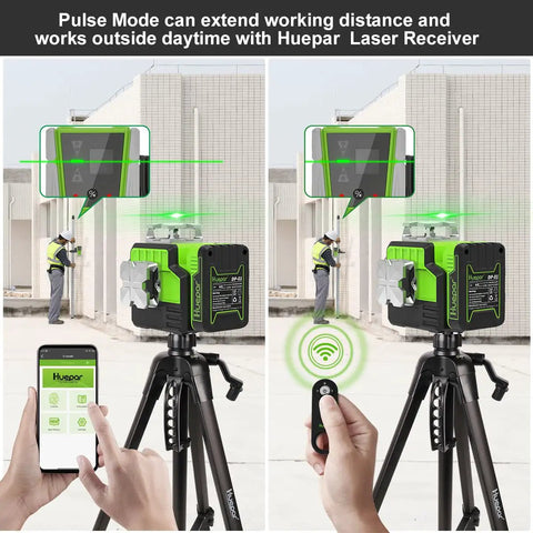 Pro Grade 12V Self Leveling Laser Level With Bluetooth Dual 360 Degree Green Beams showing remote operation on construction site
