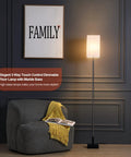 Elegant living room with 3-Way Dimmable Touch Floor Lamp With Marble Base next to a modern armchair and family sign on wall.