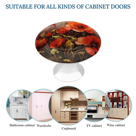 Fresh Oil Painting Red Flower Cabinet Knobs, Slick Stainless Steel Design, beautiful floral design on knob for furniture.
