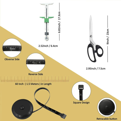 Sewing measurement tools with scissors: retractable tape measure, gauge, 23 cm scissors, in the All-In-One Sewing And Quilting Kit With 45mm Rotary Cutter A3 Cutting Mat Fabric Scissors Three Replacement Blades Two Quilting Rulers No Fuss Sewing Clips For Easy Fabric Cutting Patchwork Quilting And Sewing.