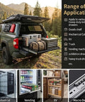 Off Road Ready 500 Lb Heavy Duty Locking Drawer Slides Full Extension With Lock In Lever For Vanlife 4x4 Campers And Tough Gear Hauling Secure Locking System For Bumpy Trails And Steep Inclines installed in off-road truck cargo tray