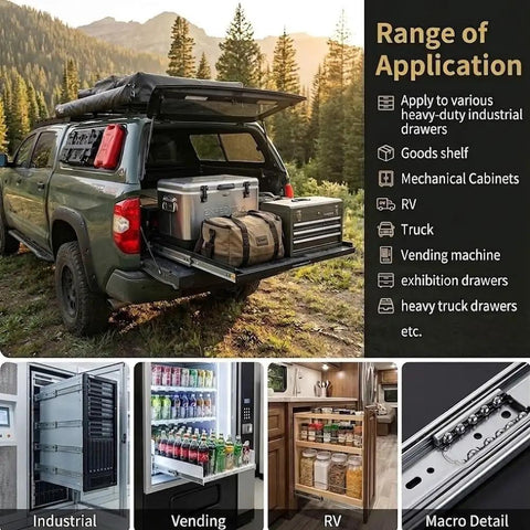 Off Road Ready 500 Lb Heavy Duty Locking Drawer Slides Full Extension With Lock In Lever For Vanlife 4x4 Campers And Tough Gear Hauling Secure Locking System For Bumpy Trails And Steep Inclines installed in off-road truck cargo tray