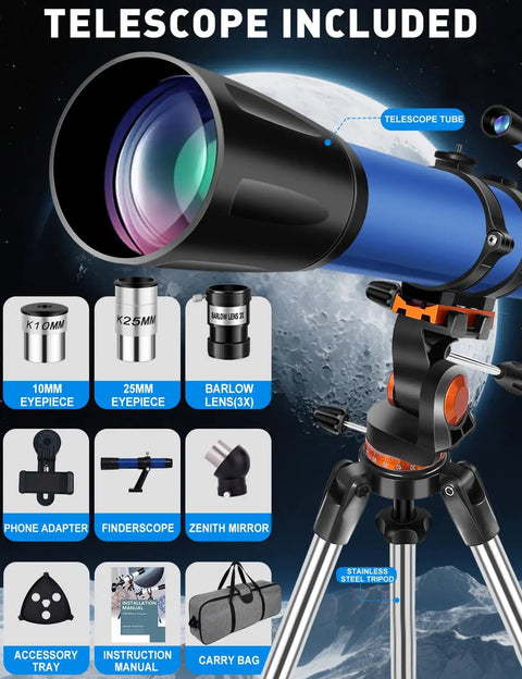 High Powered 90mm Aperture 800mm Refractor Telescope For Adults Beginner Friendly Astronomy Starter Kit showing components and tripod