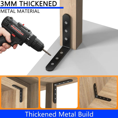 20 Pack Heavy Duty L Corner Shelf Brackets 4x4 Inch Black being installed on wood, showing 90 degree right angle support