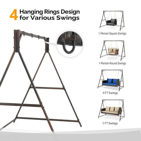 7 Foot Rattan Porch Swing Frame Heavy Duty Outdoor Stand With Metal Frame 4 Hanging Rings for various swings