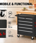 Heavy Duty Steel Rolling Tool Chest With Smooth Glide Wheels And Lockable Five Drawer Mobile Cart in workshop with swivel wheels.