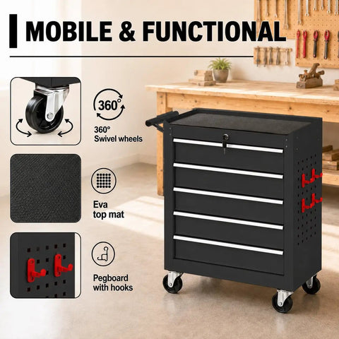 Heavy Duty Steel Rolling Tool Chest With Smooth Glide Wheels And Lockable Five Drawer Mobile Cart in workshop with swivel wheels.