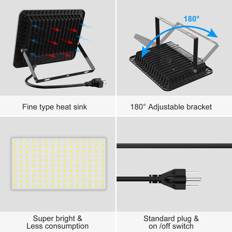 Beast Mode 500W LED Outdoor Flood Light With 50,000 Lumens, UL Listed, IP66 Waterproof features heat sink, adjustable bracket, plug