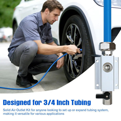 Three Quarter Inch Compressed Air Outlet Kit With Air Manifold And One Half Inch NPT Straight Fitting for shop air line in use