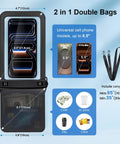 Diagram of IPX8 Waterproof Pouch 2 Pack With Lanyard Double Window Dry Bag Case dimensions and contents spaces.