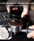 Complete 7 Piece 58mm Espresso Accessory Kit For Home Baristas With Tamper in use to evenly distribute coffee in portafilter.
