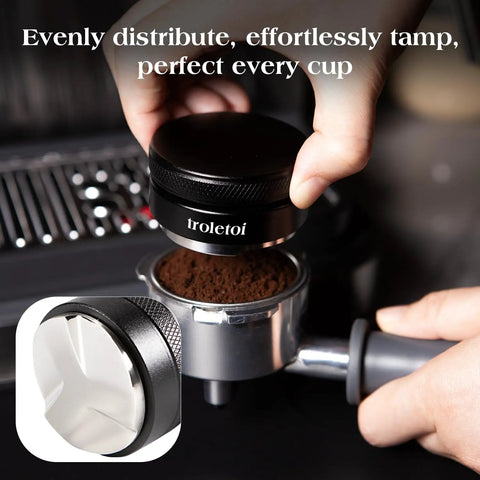 Complete 7 Piece 58mm Espresso Accessory Kit For Home Baristas With Tamper in use to evenly distribute coffee in portafilter.