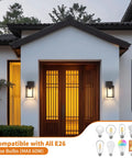Two Pack Automatic Dusk To Dawn Exterior Wall Lights With Smart Photo Sensor Waterproof Black Coach Porch Fixture on house entrance.