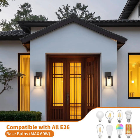 Two Pack Automatic Dusk To Dawn Exterior Wall Lights With Smart Photo Sensor Waterproof Black Coach Porch Fixture on house entrance.