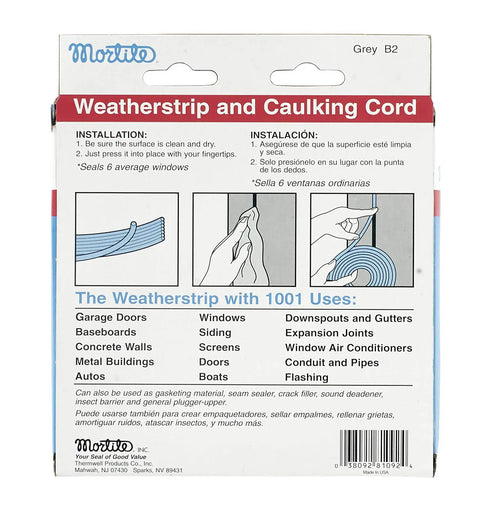 Back of Mortite Fingertip Caulking Cord package showing installation instructions and product uses.