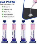 No Clean Solder Flux Paste For Electronics Soldering With Desoldering Wick, 10cc tubes, showing low residue application