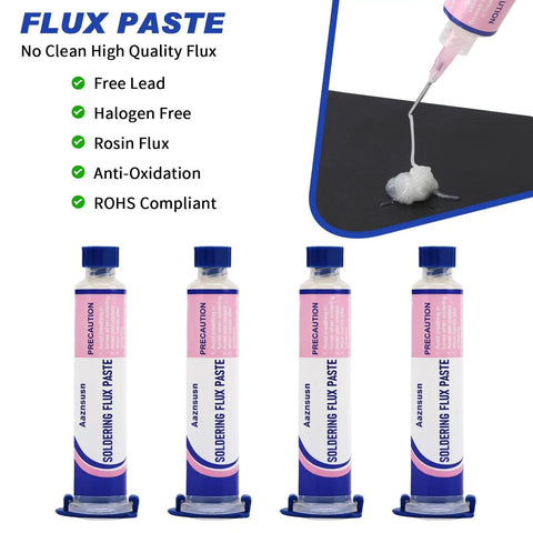 No Clean Solder Flux Paste For Electronics Soldering With Desoldering Wick, 10cc tubes, showing low residue application