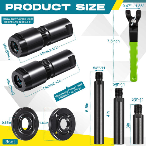 All In One 12 Piece Angle Grinder Extension Shaft Kit With 2 Straight Chuck Adapters, 3 Extension Rods, Flange Nut Sets, Spanner Wrench, Five Eighths Inch Eleven Thread Die Grinder Adapters For 3mm And 6mm Collets, Green For Pros And DIYers product dimensions and components.
