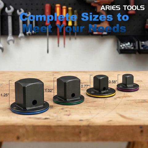 Low Profile Socket Adapter Set for Impact Wrenches, 4 Pack Magnetic Hold Converters displayed on a workbench
