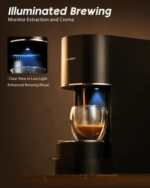 Espresso Machine For Nespresso Original Pods, One Touch Brew With Illuminated Brew Zone, 20 Bar Pump, sleek black design.