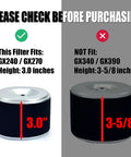 Comparison of air filter sizes for GX240/GX270 and GX340/GX390 engines, highlighting 3.0 inch and 3-5/8 inch heights.