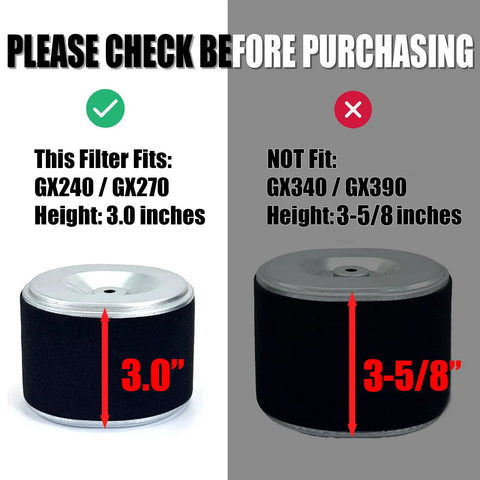 Comparison of air filter sizes for GX240/GX270 and GX340/GX390 engines, highlighting 3.0 inch and 3-5/8 inch heights.