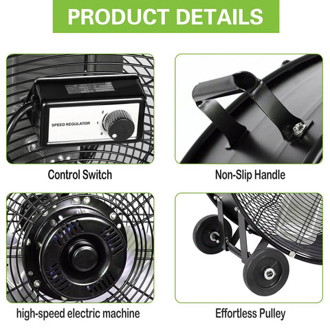 Product details of 30 Inch Beastly High Velocity Drum Fan For Industrial Workshops And Warehouses showing control switch, non-slip handle, electric machine, and pulley